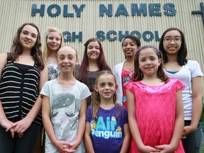 Members of the Holy Names Festival Choir, (back row. from left) Tiffany Taylor, 16, Kayla Petrlich, 18, Taylor Last, 16, Destiny Allen-Green, 17, Lauren Ramirez, 17, (front row, from left) Alexander Jobin, 9, Julia Jobin, 5, and Emma Jobin, 9,  will be taking a trip to Europe where they will be performing at the Vatican.  (DAX MELMER/The Windsor Star)