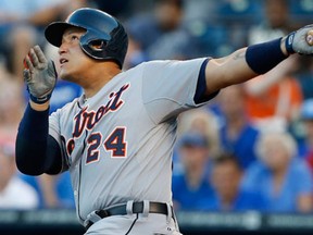 Detroit's Miguel Cabrera hits a two-run homer against Kansas City starting pitcher Jeremy Guthrie in the third inning at Kauffman Stadium Monday. (AP Photo/Orlin Wagner)