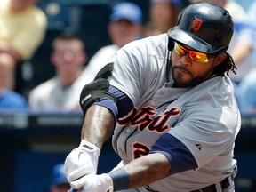 Detroit's Prince Fielder hits an RBI single off Kansas City starting pitcher James Shields during the first inning Wednesday at Kauffman Stadium in Kansas City. (AP Photo/Orlin Wagner)