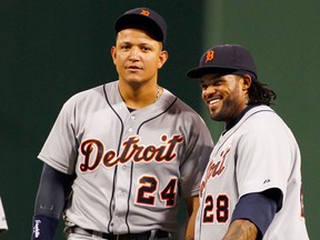 Detroit's Miguel Cabrera, left, and Prince Fielder talk during a pitching change against the Pittsburgh Pirates at PNC Park in Pittsburgh. (Photo by Justin K. Aller/Getty Images)