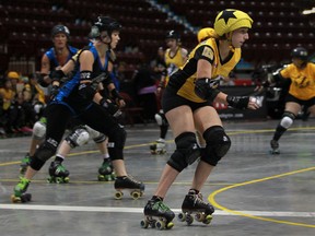 The Border City Brawlers battle the G-Stars from Toronto in the Roller Derby Association of Canada Eastern Regionals at the WFCU Centre Saturday. (DAX MELMER/The Windsor Star)