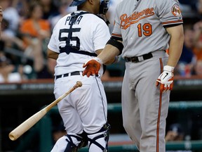 Baltimore's Chris Davis, right, tosses his bat after striking out with the bases loaded against the Detroit Tigers in the fifth inning in Detroit Monday. (AP Photo/Paul Sancya)