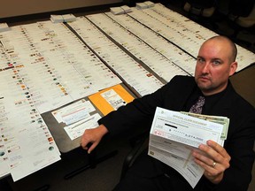 Windsor police Const. Rob Durling of the Financial Crimes Unit, displays some of 700 letters addressed to a local company by the name of Information Reporting Group Monday June 24, 2013.  The letters were sent by residents of the U.S. who were responding to a dubious sweepstakes claim. (NICK BRANCACCIO/The Windsor Star)