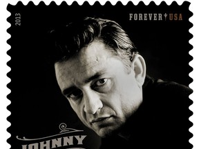 This product image released by the Unites States Postal Serice shows the Johnny Cash Forever stamp. The stamp, honoring the late country music singer, will be available on Wednesday, June 5. (AP Photo/USPS) O