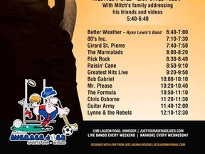 The MITCH LEWIS MEMORIAL SHOWCASE is slated for Sunday, June 23, 2013, at Just Your Average Joe’s, 1286 Lauzon Rd at 2 p.m. There are over 20 bands playing tribute to Mitch and a memorial ceremony from 5:40-6:40 p.m. by Mitch’s family. (Handout)
