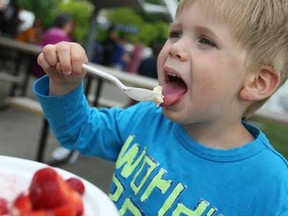 Lucas Lanspeary, 3, enjoys some strawberries and ice cream at the 26th Annual LaSalle Strawberry Festival at Gil Maure Park, Sunday, June 9, 2013.  (DAX MELMER/The Windsor Star)