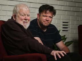 Chris McNamara (right) is photographed with his father Eugene McNamara at the family home in Windsor on Thursday, June 13, 2013. Chris McNamara has put together an art exhibit in Oshawa based on one of his father Eugene's short stories. (TYLER BROWNBRIDGE/The Windsor Star)