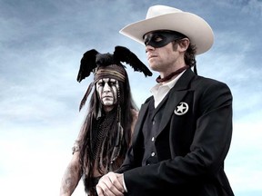 An undated  publicity photo from Disney/Bruckheimer Films, shows actors, Johnny Depp, left, as Tonto, a spirit warrior on a personal quest, who joins forces in a fight for justice with Armie Hammer, as John Reid, a lawman who has become a masked avenger.  In New Mexico, where some of the movie was filmed, the Navajo presented Depp, his co-star Hammer, director Gore Verbinski and producer Bruckheimer with Pendleton blankets to welcome them to their land. Elsewhere, the Comanche people of Oklahoma made Depp, an honorary member. The film releases July 3, 2013. (AP Photo/Disney/Bruckheimer Films, Peter Mountain)