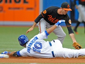 Toronto's Edwin Encarnacion, left, slides safely into second base as J.J. Hardy of the Baltimore Orioles covers the bag Friday. (Photo by Brad White/Getty Images)