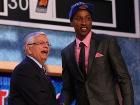 Georgia guard Kentavious Caldwell-Pope shakes hands with NBA Commissioner David Stern after Caldwell-Pope was drafted eighth overall in the first round by the Detroit Pistons. (Photo by Mike Stobe/Getty Images)