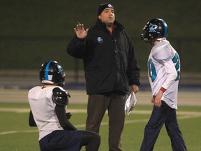 Essex Ravens head coach Glen Mills runs a practice at the University of Windsor's Alumni Field. (DAN JANISSE/The Windsor Star)