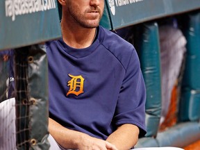 Tigers pitcher Justin Verlander watches his team from the dugout against the Tampa Bay Rays at Tropicana Field Friday in St. Petersburg, Florida.  (Photo by J. Meric/Getty Images)
