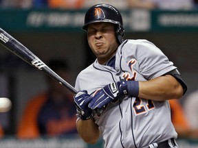 Detroit's Jhonny Peralta ducks from an inside pitch from Tampa Bay Rays starting pitcher Chris Archer during the third inning Saturday. (AP Photo/Chris O'Meara)