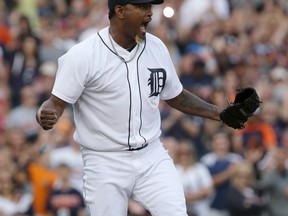 Detroit Tigers reliever Jose Valverde reacts after striking out Cleveland's Mike Aviles to end the game in Detroit Saturday. (AP Photo/Carlos Osorio)