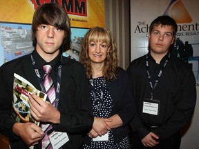 Century High School teacher Sue Daabous, centre, and students Ryan Parent, left, and Robbie Bakos at the APMA 2013 annual conference held at Caesars Windsor June 6, 2013. (NICK BRANCACCIO/The Windsor Star)