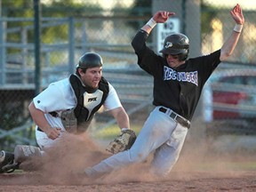 Tecumseh's Derrick Fortier, right, is tagged out at the plate by Windsor's Laszlo Horvath during Can-Am league action Monday, June 3, 2013, at the Cullen Field in Windsor. The Stars won 3-2. (DAN JANISSE/The Windsor Star)
