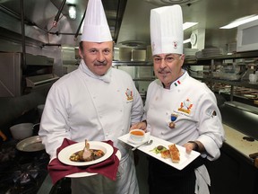 Chefs John Kukucka, left, and Vincenzo Del Duca display some of the dishes created for an exclusive fundraising event at Essex Golf & Country Club in support of Team Canada at the 2016 Culinary Olympics.   (DAN JANISSE / The Windsor Star)