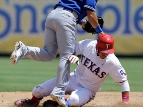 Formr Blue Jays shortstop Maicer Izturis, left, collides with Texas' Leonys Martin after throwing to first for the double play in the third inning on Sunday, June 16, 2013, in Arlington, Texas. Rangers' Elvis Andrus was out at first. (AP Photo/Tony Gutierrez