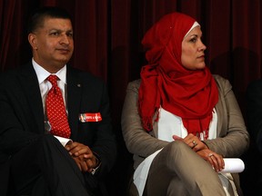 Liberal nomination candidates Jeewen Gill and Remy Boubol (right) are seen on stage at the Serbian Centre in Windsor on Thursday, June 27, 2013. The Liberals voted for who would represent them in the Windsor-Tecumseh riding.                  (TYLER BROWNBRIDGE/The Windsor Star)