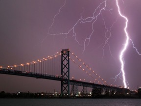 Lightning strikes near the Ambassador bridge in Detroit, Michigan in this file photo.    (Jason Kryk/The Windsor Star)