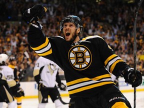 Boston Bruins forward David Krejci celebrates his goal against the Pittsburgh Penguins in Game 3 of the Eastern Conference final 
at TD Garden in Boston. The Bruins open the Stanley Cup final against the Blackhawks Wednesday in Chicago (8 p.m., CBC). (Steve Babineau/Getty Images)