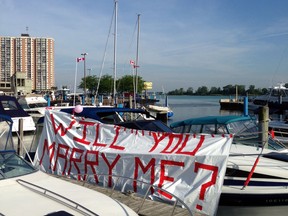 A boater at the Lakeview Park Marina flies a nuptial banner on Friday, April 31, 2013. (Kim Kristy/Special to the Star)