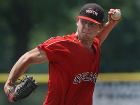 Windsor Selects pitcher Matt Glasmann throws against the London Badgers at Cullen Field, Sunday, June 23, 2013.  (DAX MELMER/The Windsor Star)