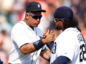 Detroit's Miguel Cabrera, left, and Prince Fielder celebrate a 7-5 win over the Boston Red Sox at Comerica Park on June 23, 2013 in Detroit. (Gregory Shamus/Getty Images)