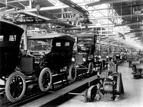 This undated image released by The Henry Ford and Ford Motor Company shows a 1924 Model T Assembly Line. Thanks to this and many other innovations, the time it took to build a Model T dropped from up to 14 hours to about 1.5 hours. Ford's iconic Model T was built for the common man and began to transform the US landscape soon after it first rolled out of a Detroit factory a hundred years ago. The 10 millionth Model T was produced on June 4, 1927. (/AFP/Getty Images)