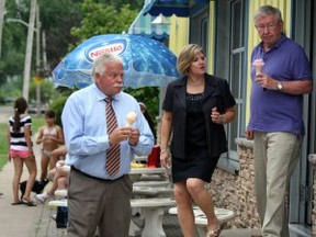 Windsor Tecumseh candidate Percy Hatfield, left, was joined by Ontario NDP Leader Andrea Horwath and MP Joe Comartin at Stop 26 Ice Cream Monday July 8, 2013.  (NICK BRANCACCIO/The Windsor Star)