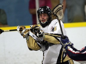 Windsor's Jarrod Riley. controls the ball against London during junior B lacrosse playoff action at Forest Glade Arena Wednesday July 10, 2013.  The Clippers rallied to beat the Blue Devils 11-9 and clinch the series 2-1. (NICK BRANCACCIO/The Windsor Star)