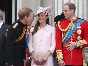 Prince Harry, left, Catherine, Duchess of Cambridge and Prince William, Duke of Cambridge, stand on the balcony at Buckingham Palace during the annual Trooping the Colour Ceremony on June 15, 2013 in London. The ceremony which marks the Queen's official birthday was The Duchess of Cambridge's last public engagement before her baby is due to be born in July.  (Photo by Chris Jackson/Getty Images)