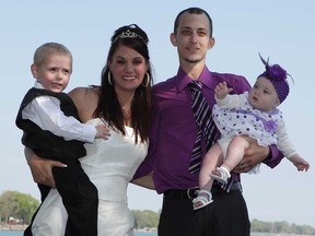 Just days after learning his cancer was terminal, Dan Lacharite was married May 19, 2013. Shown here on that special day are Landyn, left, Allison, Dan and Isabella.  (Family Handout)