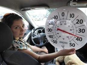 The Windsor/Essex County Humane Society held a public awareness event Thursday, July 4, 2013, in front of the Real Canadian Superstore on Walker Road in Windsor, Ont. It was held to warn people of the dangers of leaving pets in a car on a hot day. Amanda Orr, events co-ordinator with the organization, displays a thermometer marking the inside temperature of the vehicle, which had all four windows slightly rolled down. (DAN JANISSE/The Windsor Star)