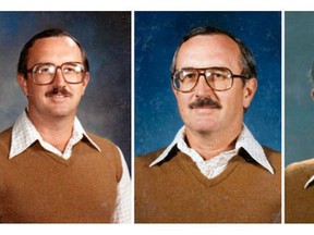 In this combination image made from photos courtesy of Dale Irby, Dale Irby is shown in a series of yearbook photos over the course of 40 years: from left to right, 1973, 1980, 1988, 1996, 2004 and 2012. Irby retired in 2013 as an elementary school physical education teacher in the Richardson school district, north of Dallas. The 63-year-old Garland resident says when he received his photo in his second year at the school he was embarrassed to discover he'd worn the same outfit as the first year. His wife dared him to wear it again the third year, then Irby thought five would be funny. He says, "After five pictures it was like, 'Why stop?'" (AP Photo/Courtesy of Dale Irby via the Dallas Morning News)