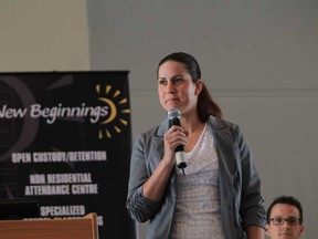 Canadian Olympic boxer Mary Spencer speaks during the New Beginnings Jobs for Youth Summer Employment Program event at the St. Clair Centre for the Arts in Windsor, Ont. on July 3, 2013. (JASON KRYK/The Windsor Star)