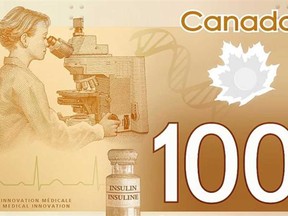 The backside of a Canadian $100 banknote is seen in this undated handout image. The first version of Canada's new $100 banknotes featured the image of an Asian woman but she was quickly removed after focus groups complained. (THE CANADIAN PRESS/Bank of Canada -HO)