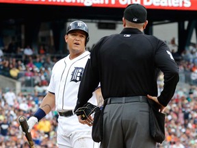 Miguel Cabrera of the Detroit Tigers reacts after being ejected from the game by home plate umpire Chad Fairchild while playing the Philadelphia Phillies at Comerica Park on July 28, 2013 in Detroit.  Gregory Shamus/Getty Images)