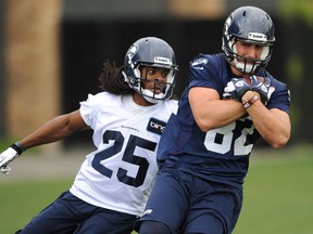 LaSalle's Luke Willson, right, makes a catch during a minicamp with the Seattle Seahawks. (Courtesy of the Seattle Seahawks)
