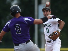 Windsor Stars infielder Jason Chapieski, right, gets Tecumseh's Matt Stezycki for the force at second in Can-Am playoff action at Cullen Field Friday, (DAX MELMER/The Windsor Star)