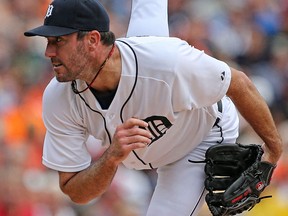 Justin Verlander of the Detroit Tigers throws a pitch in the second inning against the Washington Nationals at Comerica Park Wednesday. (Photo by Leon Halip/Getty Images)