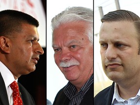 Three candidates for MPP of Windsor-Tecumseh. From left: Jeewen Gill for the Ontario Liberals, Percy Hatfield for the Ontario NDP, and Robert de Verteuil for the Ontario PC Party. (The Windsor Star)