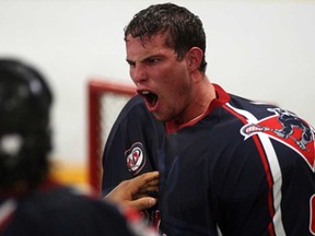 London Blue Devils goalkeeper Zach Grace reacts to a play against the Windsor Clippers during Game 3 of their playoff series at Forest Glade Arena Wednesday July 10, 2013.  The Clippers won 11-9 to clinch the series. (NICK BRANCACCIO/The Windsor Star)