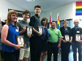 Rocky Campana's parents and the recipients of the scholarship and bursaries named in his honour. Photographed July 3, 2013. From left: Caitlyn Reimer, Michael West, Shane Chappus, Nancy and Rob Campana, Rachel Easterbrook, and Jacob Godfrey. (Dalson Chen / The Windsor Star)