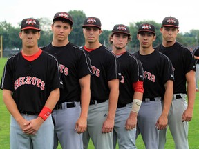 Windsor Selects baseball players from left, Jake Lumley, Josh Shepley, Matt Deneau, Justin Orton, Connor Mailloux, and Matt Glasmann have all received U.S. baseball scholarships. (JASON KRYK/The Windsor Star)