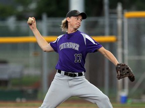 Riley Enns of the Tecumseh Thunder 16s  delivers a pitch against the Windsor Stars at Lacasse Baseball Park Thursday July 4, 2013. (NICK BRANCACCIO/The Windsor Star)