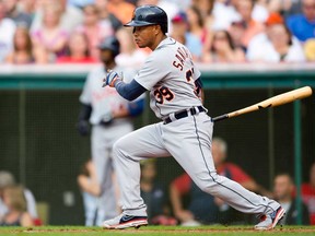 Detroit's Ramon Santiago hits a two RBI single against the Cleveland Indians at Progressive Field on July 5, 2013 in Cleveland, Ohio.  (Photo by Jason Miller/Getty Images)