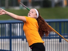 LaSalle javelin thrower Bailey Dell works out at the St. Denis Centre in preparation for the World Youth Track and Field Championships, which begin Wednesday in Donetsk, Ukraine. (DAN JANISSE/The Windsor Star)