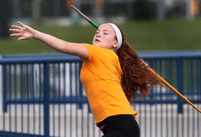 LaSalle javelin thrower Bailey Dell works out at the St. Denis Centre in preparation for the World Youth Track and Field Championships, which begin Wednesday in Donetsk, Ukraine. (DAN JANISSE/The Windsor Star)