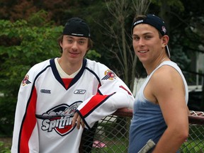 New Russian Spitfire Nikita Yazkov, left, hangs out with Spitfires forward Kerby Rychel in Windsor Thursday July 4, 2013. (NICK BRANCACCIO/The Windsor Star)